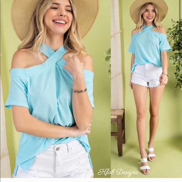 New! Clearance 🔥 Sky Blue Soft Knit Criss Cross Top Side Slits - Picture 6 of 7